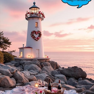 May include: A white lighthouse with a red-flowered wreath and heart-shaped floral arrangement. The lighthouse is on a rocky shore with a picnic setup, including wine and a basket. Text reads "6 Free Digital Images Included" and "DIGITAL BACKDROP".
