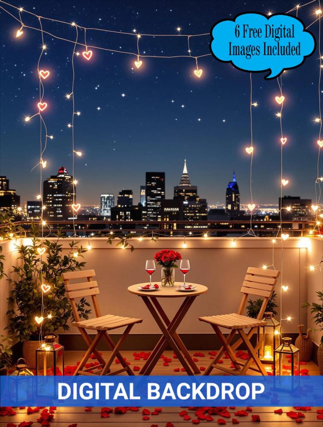 Date Backdrop Romantic Rooftop Date Digital Background, Valentine's Day Digital ...