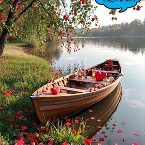 Romantic Lake Boat Photo Background, Valentines Day Digital Backdrop, Engagement Scene, Love Boat Digital Background