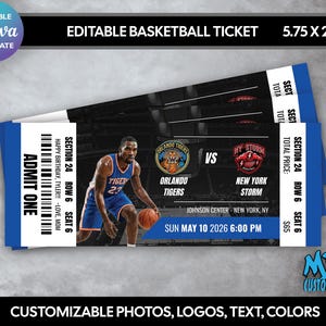 Op de afbeelding: Een blauw-wit basketbalticket sjabloon, 14,6 x 5,7 cm, met een basketballer en teamlogo's. Het ticket bevat de tekst "ADMIT ONE", "Orlando Tigers vs New York Storm" en "Sun May 10 2026 18:00 uur".