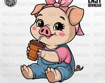 Cute Pig Digital Art, Nursery Decor, Baby Animal Clipart, Girl Pig Image, Cartoon Piglet, Printable Wall Art, Pig Lover Gift, Digital