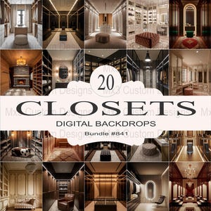 May include: A collection of 20 digital backdrops featuring various closet designs. The backdrops are ideal for use in digital design projects, such as creating mockups or photorealistic renders.