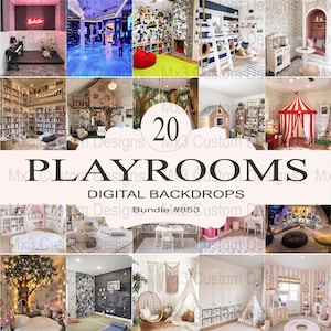 May include: A digital backdrop bundle of 20 playroom images. The images feature a variety of playroom themes, including a treehouse, a tent, a reading nook, and a music studio. The images are perfect for creating custom backgrounds for photos, videos, and other creative projects.