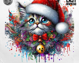 Christmas Cat Digital Print, Santa Hat Kitten Wall Art, Festive Pet Portrait, Holiday Decor, Cute Animal Illustration, Digital Download