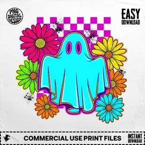 Trendy Neon Ghost, Halloween Png, Retro Floral, Digital Download, Spooky Season, Sublimation Design, Clipart, Printable Art
