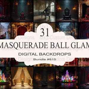 Puede incluir: Un paquete de 31 imágenes digitales con temática de glamour de baile de máscaras. Las imágenes incluyen una variedad de escenarios, como un gran salón de baile, un canal veneciano y un bosque misterioso. Las imágenes son perfectas para crear invitaciones, decoraciones para fiestas o publicaciones en redes sociales.