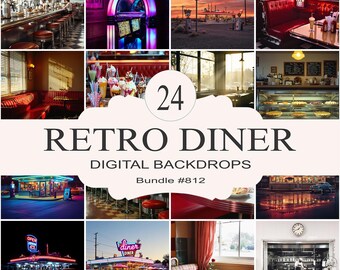 May include: A collage of 24 digital backdrops featuring retro diner scenes. The images include a red booth, a jukebox, a diner counter, a diner window, a diner sign, and a diner interior. The text "24 Retro Diner Digital Backdrops Bundle #812" is displayed in the center of the collage.
