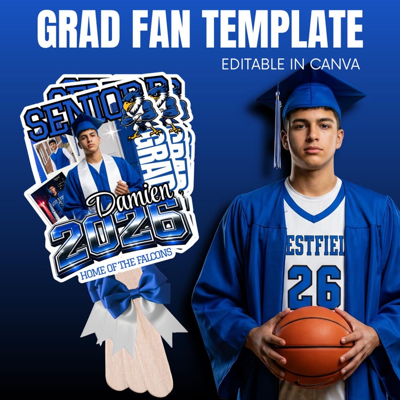 Graduation fan template with text "Damien 2026 Home of the Falcons".