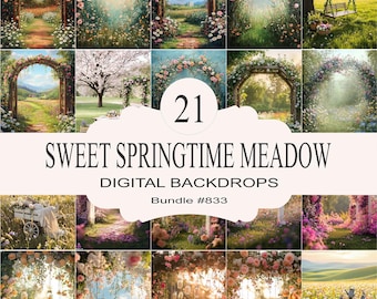 May include: A digital backdrop bundle featuring 21 images of a sweet springtime meadow with flower arches and a variety of floral arrangements. The images are perfect for photographers and graphic designers looking to create beautiful and whimsical scenes.
