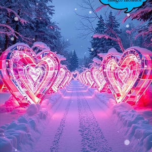 Peut inclure: Un fond numérique avec un chemin enneigé bordé de structures en forme de cœur illuminées. Les cœurs brillent d'une lumière rose et violette, créant une scène romantique et fantaisiste. Le texte "Digital Backdrop" est en bas, avec une bulle de dialogue qui dit "6 Free Digital Images Included".