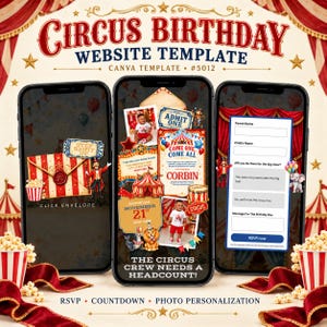 Peut inclure: Un modèle de site web d'anniversaire sur le thème du cirque pour Canva, présentant trois écrans de smartphone avec des détails d'événement, un formulaire de réponse et une enveloppe. Le design inclut des rayures rouges et blanches.