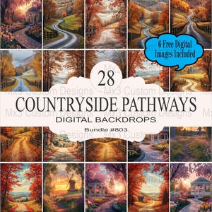Könnte beinhalten: Ein digitaler Download von 28 Bildern von Landwegen. Die Bilder zeigen gewundene Pfade durch herbstliche Wälder mit bunten Blättern und Steinmauern. Der Text "COUNTRYSIDE PATHWAYS" und "DIGITAL BACKDROPS" ist auf dem Bild zu sehen. Der Text "Bundle #803" ist ebenfalls auf dem Bild zu sehen.
