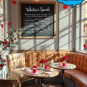 May include: A restaurant scene with a Valentine's Day theme. A chalkboard menu displays specials. Red hearts and floral arrangements decorate the space. Two round tables are set with red cups and plates. A tan leather booth provides seating.
