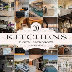May include: A collage of 20 digital kitchen backdrops, showcasing a variety of kitchen styles, including modern, traditional, and rustic. The backdrops are perfect for use in photography, design, and other creative projects.  Bundle #848.