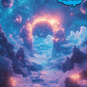 Könnte beinhalten: Digitaler Hintergrund mit einer Himmelslandschaft mit einem leuchtenden Torbogen, Planeten und einem Weg durch Wolken. Das Bild hat ein blaues und violettes Farbschema mit dem Text "DIGITAL BACKDROP" und "6 Free Digital Images Included".