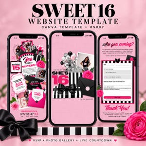 Op de afbeelding: Een Sweet 16 website-sjabloon voor Canva, #5007, weergegeven op drie smartphones. Het ontwerp heeft een roze en zwart kleurenschema met streeppatronen, ballonnen, een tiara en rozen. De tekst bevat 'Sweet 16', 'Are you coming?' en 'Thank You'.