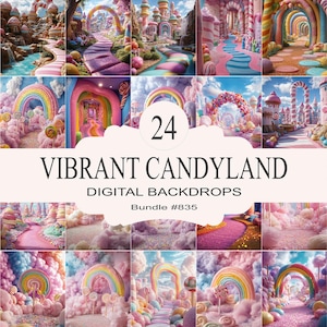 Vibrant Candyland digital backdrops, 24 whimsical scenes, colorful fantasy backgrounds, perfect for photo shoots, creative projects
