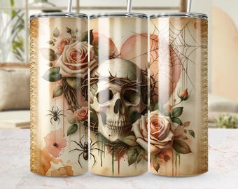 Skull Roses Tumbler Wrap, Gothic Heart 20 oz Skinny Tumbler, Spooky Seamless Skeleton PNG Digital Download, Floral Spider Web Design