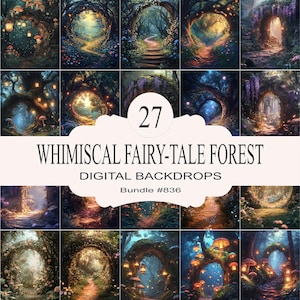 Pode incluir: Um conjunto de 27 cenários digitais que apresentam cenas de floresta de conto de fadas caprichosas. Os cenários representam caminhos mágicos da floresta com luzes brilhantes, cogumelos e árvores arqueadas.