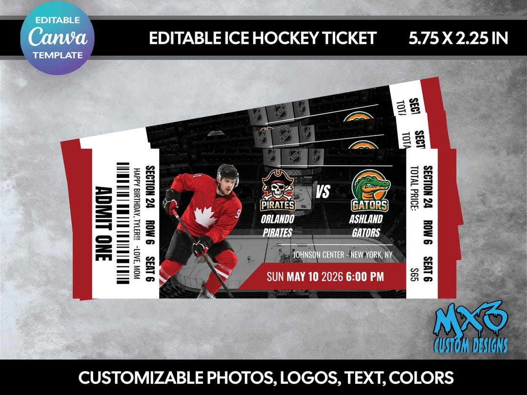Editable Ice Hockey Ticket, Canva Template, Sports Event Ticket Design