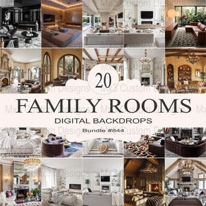 May include: A collage of 20 digital backdrops featuring various family room interiors. The backdrops are ideal for use in digital design projects, such as creating mockups or presentations. The images showcase a variety of styles, including modern, traditional, and rustic.