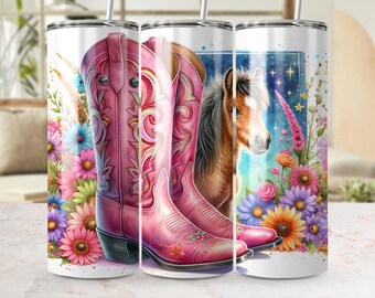 Pink Boots 20 oz Seamless Tumbler Wrap, Cute Pony Digital Design, Floral Boots Sublimation, Cowgirl Boots PNG, Western Country Digital Art