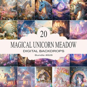 Magical Unicorn Meadow Digital Backdrops, Enchanted Unicorn Backgrounds for Photography, Fairytale Backdrops Bundle #828