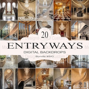 May include: A digital backdrop bundle of 20 entryway images featuring grand staircases, chandeliers, and ornate decor. The images are perfect for creating a luxurious and elegant feel in your designs.