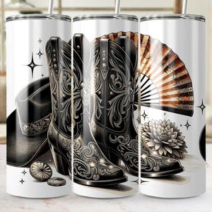 Western 20 Oz Seamless Tumbler Wrap, Cowboy Boots Digital Download, Ornate Fan Art, Western Hat Image, Sublimation Design, Digital Image