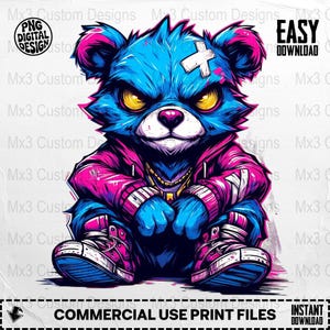 Punk Teddy Bear Digital Art, Streetwear Bear Graphic, Edgy Design Download, Cool Bear Clipart, Graffiti Style, Printable Art