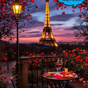 Könnte beinhalten: Ein digitaler Hintergrund mit einer romantischen Pariser Szene mit dem Eiffelturm im Hintergrund. Ein Tisch für zwei Personen mit zwei Gläsern Wein, einer Flasche Wein und Macarons steht auf einem Balkon mit Blick auf die Stadt. Der Balkon ist mit roten Rosen geschmückt und der Eiffelturm ist nachts beleuchtet. Der Text "6 kostenlose digitale Bilder enthalten" befindet sich in einer blauen Sprechblase.