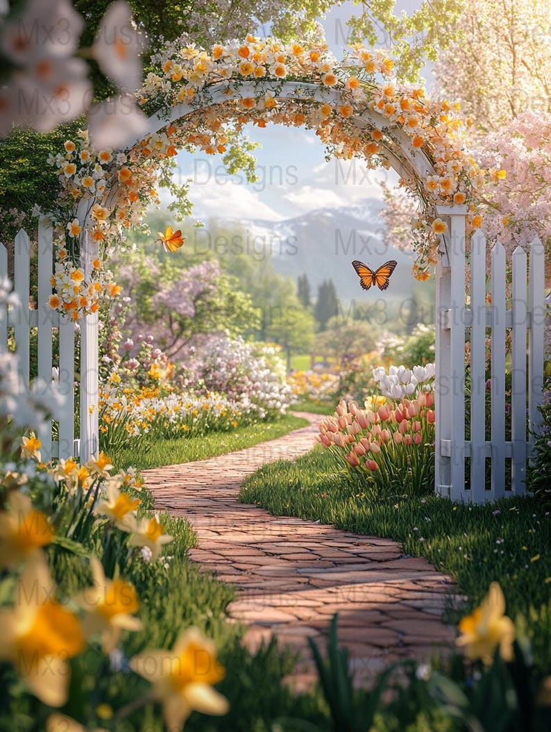 Enchanting Garden Archway Digital Background Spring Floral Pathway ...