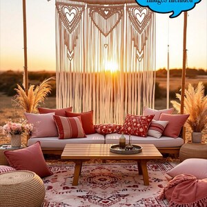 May include: An outdoor scene featuring a wooden sofa, cushions, and a macrame backdrop. The scene includes a wooden coffee table, a patterned rug, and decorative elements. The text "6 Free Digital Images Included" is in a blue cloud. The text "DIGITAL BACKDROP" is at the bottom.