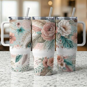 Pastel Flower Wrap for 40oz Tumbler, Boho Floral PNG Tumbler Design, Feather Sublimation Designs Downloads for 40 oz Tumbler
