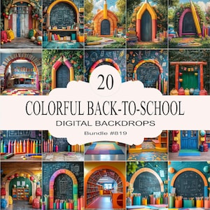 May include: A set of 20 colorful digital backdrops featuring various school-themed scenes, including a library, a classroom, and a hallway. The backdrops are perfect for back-to-school photoshoots and other educational events.  Bundle #819.