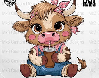 Digitale kunst schattige koe, babydierenprint, cartoon boerderijdier, grappige hooglandkoe illustratie, decor meisje koe met bandana, landelijke stijl, koe met bandana png PNGEgg