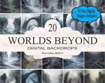 May include: A digital backdrop bundle featuring 20 fantasy worlds beyond images. The images depict a variety of landscapes with swirling mists, rocky formations, and archways. The text "Worlds Beyond" and "Digital Backdrops" is displayed in a white banner. The text "Bundle #801" is displayed in a smaller white banner.