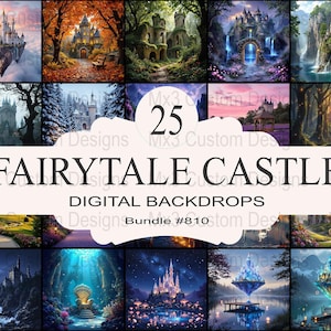 May include: A digital download of 25 fairytale castle backdrops. The backdrops feature a variety of castles, forests, and magical settings. The backdrops are perfect for use in digital art, photography, and graphic design.