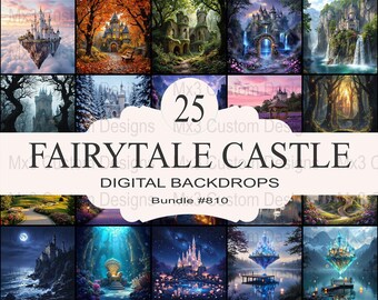 May include: A digital download of 25 fairytale castle backdrops. The backdrops feature a variety of castles, forests, and magical settings. The backdrops are perfect for use in digital art, photography, and graphic design.