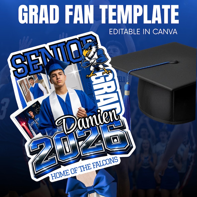 Graduation fan template for Senior Damien, class of 2026, with school mascot.