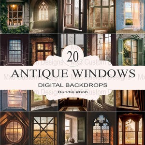 May include: A collection of 20 antique window digital backdrops. The images showcase various window styles, including arched, rectangular, and oval designs. The windows feature different views, such as gardens, sunsets, and coastal scenes. The text "ANTIQUE WINDOWS" and "DIGITAL BACKDROPS" are displayed.