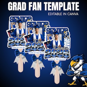 Grad fan templates for seniors featuring a graduate and school mascot.