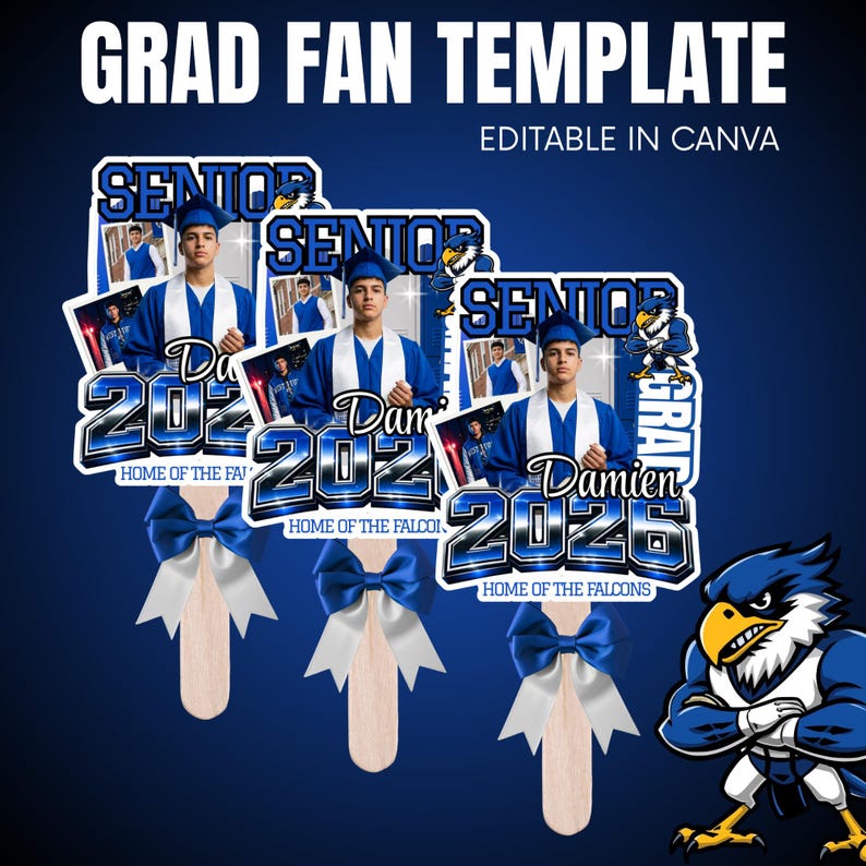 Grad fan templates for seniors featuring a graduate and school mascot.