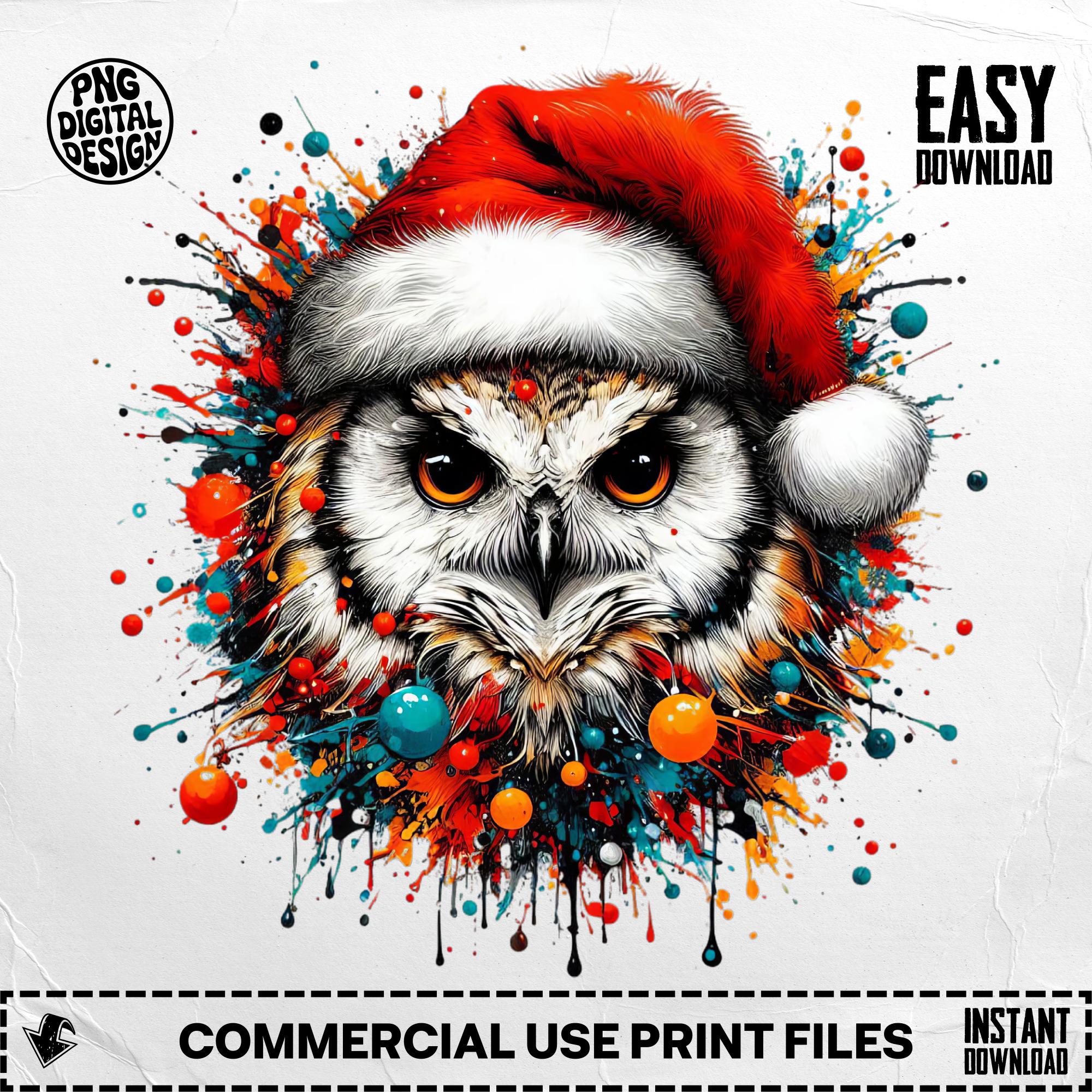 Christmas Owl Digital Art, Santa Hat Owl, Festive Owl Print, Watercolor Owl Art, Holiday Decor, Wint