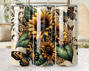 Sunflowers Leopard 20oz Skinny Tumbler Wrap, Floral Sublimation Tumbler Design, Leopard Print Flower Digital Download