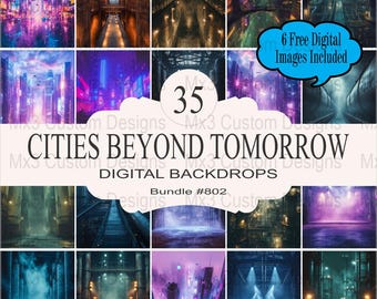 Cities Beyond Tomorrow Digital Backdrops Bundle 35 Images, Futuristic Cityscapes, Neon Urban Scenes, Dreamy Nightscapes, High-Resolution