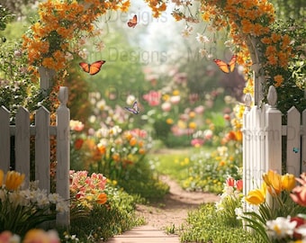 魅惑的なガーデンアーチデジタル背景、花の小道の庭の背景、春の庭の風景、素朴な庭の小道