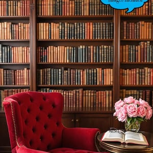 May include: A digital backdrop featuring a classic library scene. The image includes a red tufted armchair, a small table with an open book and glasses, and a vase of pink roses. The background is filled with bookshelves and the text "6 Free Digital Images Included" and "DIGITAL BACKDROP".