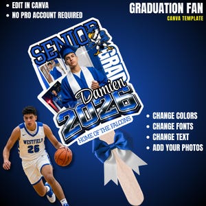 Graduation fan with a basketball player, "Senior 2024 GRAD Damien" text.