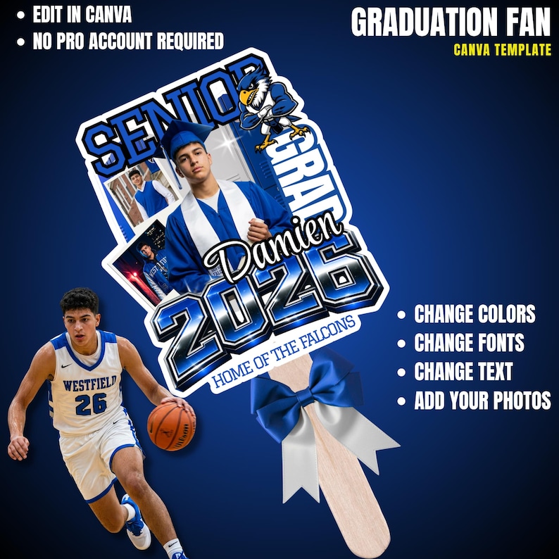 Graduation fan with a basketball player, "Senior 2024 GRAD Damien" text.